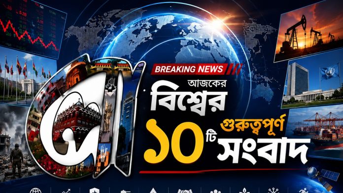 বিশ্বজুড়ে যুদ্ধ, অর্থনৈতিক সংকট ও জলবায়ু পরিবর্তনের প্রতীকী সমন্বয়ে তৈরি বৈশ্বিক সংবাদ চিত্র