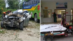 ভাঙ্গা এক্সপ্রেসওয়েতে দুর্ঘটনায় ক্ষতিগ্রস্ত প্রাইভেটকার ও নিহতদের মরদেহ