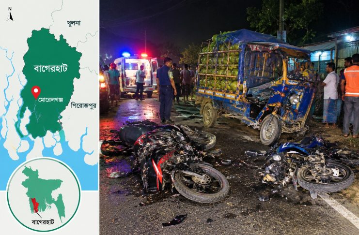মোরেলগঞ্জে দুই মোটরসাইকেল ও নসিমনের সংঘর্ষে নিহত ৩, আহত ৬